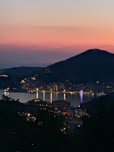 The image depicts a twilight view of the coastal city of Podbabac, Montenegro, illuminated by numerous lights. The sky displays a gradient of soft pink and purple hues, transitioning into a darker blue towards the horizon. In the foreground, dark, silhouetted foliage partially obscures the view.
The midground is dominated by the city spread along the coastline, nestled against rolling hills. Buildings of varying sizes are visible, many with illuminated windows and facades, creating a sparkling effect. A body of water, likely a bay or the sea, lies between the city and the observer, reflecting the lights from the shore. A Ferris wheel, glowing with bright blue light, stands out prominently on the waterfront. Several boats are moored or navigating the water, their lights also visible.
The background features a large, dark silhouette of a mountain, with a small structure, possibly a communication tower, visible at its peak. The overall impression is a serene and picturesque evening scene in a coastal urban environment.