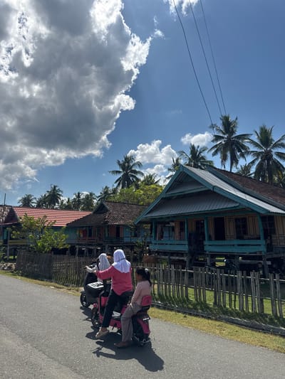 This is a medium shot, eye-level, vertical photograph taken outdoors on a sunny day in Kertasari, Indonesia. The scene captures a street with several traditional stilted houses lining the right side of the road, featuring colorful painted wooden walls and roofs covered with terracotta tiles. In the foreground, two young individuals are riding on a pink electric scooter, heading away from the viewer. The person in the front is wearing a pink long-sleeved shirt and a white hijab, while the person in the back is wearing a light pink shirt and light-colored pants. The scooter has "EXOTIC" written on the rear. A wooden fence runs along the front of the houses, separating them from a grassy area. Palm trees are visible behind the houses, and a bright blue sky with dramatic, large white and gray clouds occupies the upper portion of the image. Overhead, three black power lines stretch diagonally across the sky. The road is asphalt and appears to be a local thoroughfare.