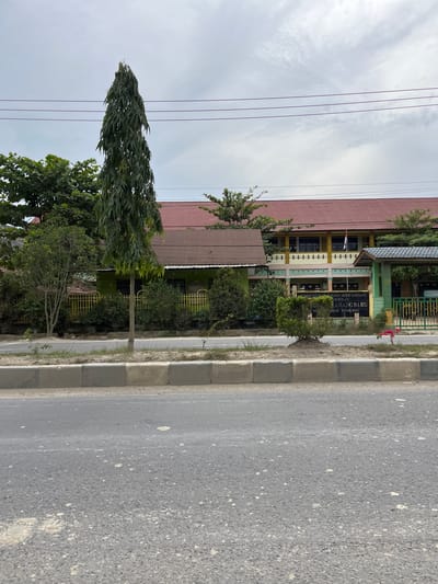 The image shows a street view in front of a building complex in Tanjungkarang, Indonesia. The foreground features a paved road with a concrete curb and a strip of dry vegetation between the curb and a low yellow fence. Behind the fence, a lush green yard is visible, with various trees and bushes. A tall, slender tree with dark green foliage stands prominently in the center of the yard, reaching towards the overcast sky.

The buildings appear to be part of an educational institution. A smaller, single-story building with a brown roof and green walls is situated to the left. To the right of this, a larger, multi-story building with a red tiled roof is visible. This building has a light yellow facade with rows of windows and decorative architectural elements in pastel colors. A flagpole with a flag is positioned in front of this building. Further to the right, another structure with a green roof and walls can be seen.

A black sign with white text is mounted on a post in front of the main building. While the text is partially obscured and blurred, some words like "DINAS PENDIDIKAN" and "KARANG BARU" are discernible, suggesting it is related to the Department of Education and a location named Karang Baru. There are no people visible in the image. The overall environment suggests a slightly humid climate, typical of Indonesia, with the sky indicating an overcast day.