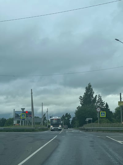 This media file shows a view from inside a vehicle traveling on a wet asphalt road under a cloudy, overcast sky. The road has white lane markings and appears to be a multi-lane highway or major road.
Along the side of the road, there are trees and vegetation. Several road signs are visible. One sign is a blue square with a yellow pedestrian symbol, indicating a crosswalk. Another sign displays a red circle with a white horizontal bar inside, indicating a speed limit of 70. A larger sign with Cyrillic text reads "ДЯТЛИЦЫ", indicating the location is Dyatlitsy, Russia.
A white bus is visible driving on the road, with its headlights on. Further ahead, another vehicle is partially visible. There are also tall poles with traffic lights and signage. One traffic light shows a red signal. A power line or cable runs diagonally across the frame. The overall mood is somber due to the weather, suggesting it might be late afternoon or early evening, or simply a very cloudy day. The wet road implies recent or ongoing rain. There is no clear indication of people outside of the vehicles.