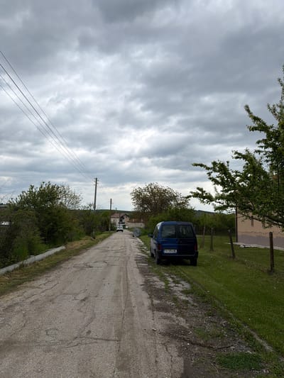 The image shows a rural road in Dulevo, Bulgaria. A dark blue Peugeot van, registration PA 1856 ME, is parked on the right side of the road, partially on the grass verge. The road surface is cracked and shows signs of wear. Overhead power lines run along the left side of the road. A few houses are visible in the distance. The sky is overcast with heavy clouds. Trees and greenery are present on both sides of the road.