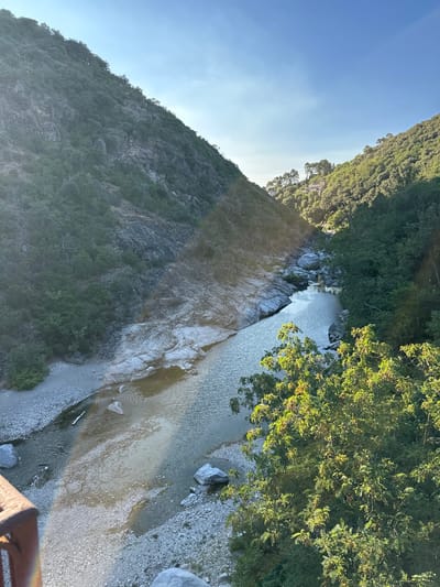 An aerial perspective captures a serene natural landscape. A river winds through a narrow valley, flanked by steep, tree-covered hillsides. The riverbed is characterized by smooth, grey stones and rocky outcrops, with a section of shallower water revealing submerged rocks and pebbles. Sunlight filters through the trees, creating dappled patterns on the water and ground. In the distance, nestled amongst the trees on the right hillside, are a few small buildings, suggesting a human presence in the otherwise wild environment. The sky above is a clear, bright blue. The foreground shows a sliver of a weathered, reddish-brown railing, possibly part of a bridge or viewpoint, from which the photograph was taken. The overall scene evokes a sense of tranquility and untouched natural beauty, indicative of a rural or mountainous region.