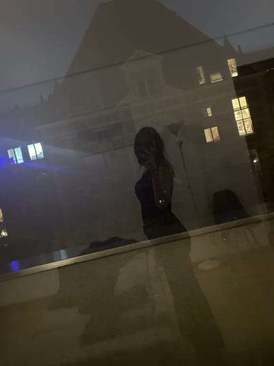 The image depicts a woman taking a selfie in front of a window in Schaerbeek, Belgium. She is looking into the camera and holding her phone in front of her face. The background is a blurry reflection of a building across the street. The woman is wearing a black top and her hair is down. The window is reflecting a bright blue light coming from a source outside the window. The image was likely taken at night because the streetlights are on and there is a light inside the building across the street.