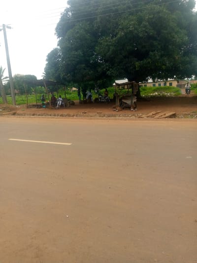 In the city of Madakiya, Nigeria, an outdoor scene depicts a roadside market stall situated beneath a large tree. Several individuals are gathered at the stall, some sitting and others standing, engaged in conversation or observing their surroundings. A few motorcycles are parked nearby, suggesting a mode of transportation commonly used in the area. The ground is covered with dirt and scattered debris. In the background, buildings are visible, indicating the presence of a settlement or community. The sky is overcast, hinting at a cloudy day. The overall impression is one of a typical, bustling roadside gathering place in a Nigerian town.