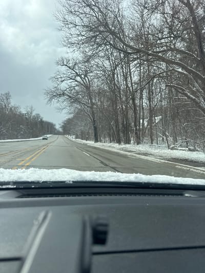 The image displays a winter street scene in Roselle, United States of America, captured from the interior perspective of a vehicle. A layer of granular snow rests along the bottom edge of the windshield, atop the dashboard's dark, textured surface. Ahead, a two-lane asphalt road extends into the distance under a uniformly overcast, grey sky. The road features solid double yellow center lines and a solid white line marking the right shoulder; its surface is partially cleared of snow but appears wet in sections. Snow-covered, bare deciduous trees line both sides of the roadway. A white sedan is visible traveling in the left lane in the mid-distance. Through the dense, snow-dusted treeline on the right, a dark-colored building with multiple gables is partially discernible. The environment indicates cold, snowy winter conditions.