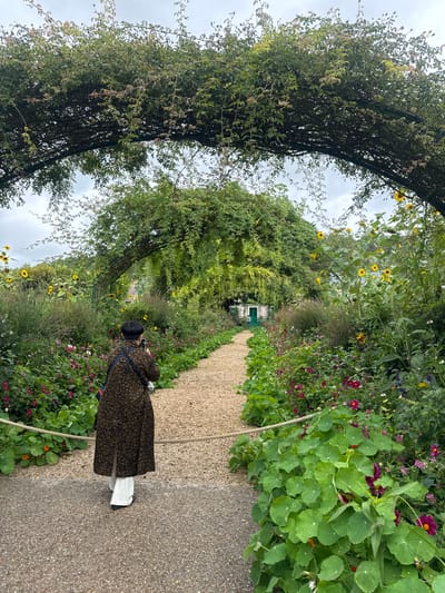 The image depicts a meticulously maintained garden scene at the Clos Normand in Giverny, France, under an overcast sky. A lone individual, viewed from behind, stands on a light-colored gravel path in the foreground, holding a dark smartphone horizontally to capture a photograph of the expansive garden ahead. This person wears a dark brown, patterned, long-sleeved coat or dress extending past the knees, white wide-legged trousers, and dark shoes. A dark strap from a bag is visible across their back, and their hair is short and dark.

The gravel path extends into the mid-ground, gently curving to the right, leading towards a small, light-colored building with a distinct green door and possibly green shutters, partially obscured by foliage. The path is flanked on both sides by dense, vibrant flowerbeds filled with various green plants and colorful blooms, including yellow sunflowers prominent on the right, and numerous red, pink, and purple flowers. Large, round-leaved green plants, possibly nasturtiums, are visible in the immediate foreground on the right, next to a light-colored rope barrier.

Overhead, two large archways constructed from dark metal frames are heavily covered with lush green climbing plants and foliage, creating a tunnel effect and framing the upper portion of the scene. A smaller, similar archway is visible further down the path. The overall environment is one of carefully cultivated natural beauty.