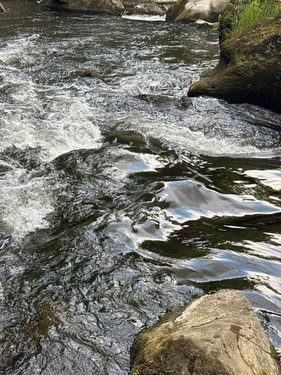 This is a close-up, top-down view of a rocky stream in Irrel, Germany. The water is flowing rapidly, creating white foam and turbulence on the left side of the frame. The water surface on the right is calmer, reflecting the sky and surrounding greenery. Large, rough-textured rocks frame the stream on both the left and right. The rocks on the left are covered in moss and small plants, while the rock on the right appears drier and more weathered. The lighting suggests it is daytime, with sunlight glinting off the water and highlighting the textures of the rocks. The scene conveys a natural, dynamic environment. There is no visible text in the image.