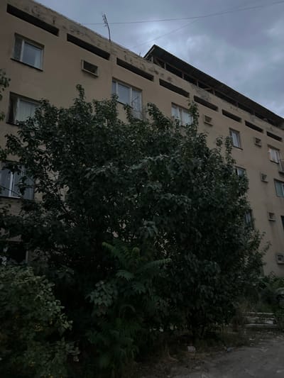 The image depicts the side of a dilapidated, multi-story building with a rough, beige facade. The building has numerous windows, some of which are open, revealing hints of interior spaces. Small, square openings are also visible, possibly ventilation shafts or decorative elements. A dark, sloped roof with exposed beams runs along the top of the visible section of the building. In the foreground, a dense tree with dark green foliage obscures a significant portion of the building, its branches reaching upwards and outwards. The leaves are varied in shape and size, suggesting it could be a mature tree. Some small, round objects, possibly fruits or seed pods, are visible amongst the leaves.
The sky above is overcast with a heavy, grey cloud cover, suggesting a gloomy or approaching storm. The overall lighting is dim, indicative of either early morning or late evening. The ground to the right of the tree appears to be a rough, unpaved surface with some scattered debris and dry vegetation. The scene evokes a sense of neglect and perhaps urban decay. No people are visible in the image, and no text is present. The image is likely taken in Kadamjay, Kyrgyzstan, given the provided location context. The perspective is from a low angle, looking upwards towards the building and the sky.