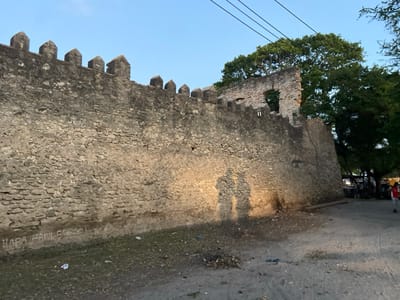 This media file captures a historic stone wall, likely the Old Fort in Bagamoyo, Tanzania, under a clear blue sky. The substantial wall, built from rough-hewn stones, features distinctive battlements or merlons along its top, indicating its defensive or fortified nature. Towards the right, a section of the wall is notably ruined, with an open window-like break exposing more sky and trees beyond.
Large, lush green trees are visible behind and above the ruined wall section, their foliage contrasting with the ancient stone. Several black power lines stretch across the upper part of the frame, traversing the sky above the wall and trees.
The ground in the foreground is unpaved, appearing as dirt or sand, with sparse patches of grass and some scattered debris. On the lower left section of the wall, a faint inscription in white paint reads "HAPA FANI SCHOOL" (or potentially "HAPA PANI SCHOOL").
Long, distinct shadows of at least two people are cast upon the lower section of the wall, illuminated by warm, low-angle sunlight, suggesting either late afternoon or early morning. These shadows are sharp and clearly defined, adding a human element to the otherwise architectural and natural scene. In the far right background, partially obscured by trees and shadows, a few distant figures can be seen, hinting at human activity and passage near the site. The overall impression is one of a peaceful, historically rich location bathed in natural light.