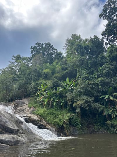 Lush green foliage densely covers the hillside. A rocky waterfall cascades down the cliff, its white water contrasting with the dark rock. A person is perched on the rocks near the falls. The sky is overcast with grey clouds peeking through the trees. Water reflects the sky. Banana trees and other tropical plants are visible among the broader forest greenery.