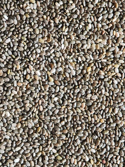 This is a close-up, top-down, full-frame shot of a pile of chia seeds. The seeds are small, oval-shaped, and exhibit a mottled pattern of gray, white, and black. There are no people, no scene, no setting, no activity or event taking place, no time of day, no weather, no location cues, and no visible text. The image is purely a textural representation of the chia seeds.