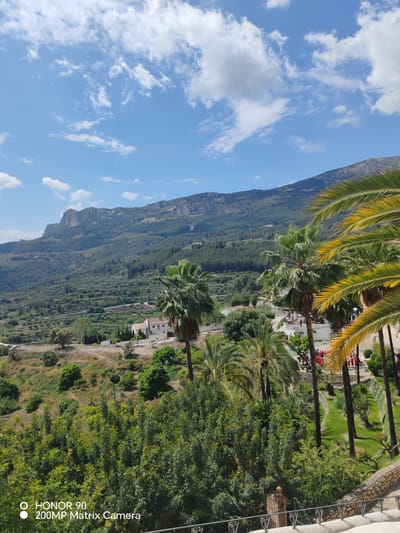 The image shows a scenic view in El Castell de Guadalest, Spain, featuring a mountain range in the background with a partly cloudy blue sky above. In the foreground are palm trees and lush greenery. A building is visible nestled among the trees on the hillside. A group of people in red shirts is gathered near a grassy area with tall, slender trees. There is a stone wall with a wrought-iron railing at the bottom of the frame.