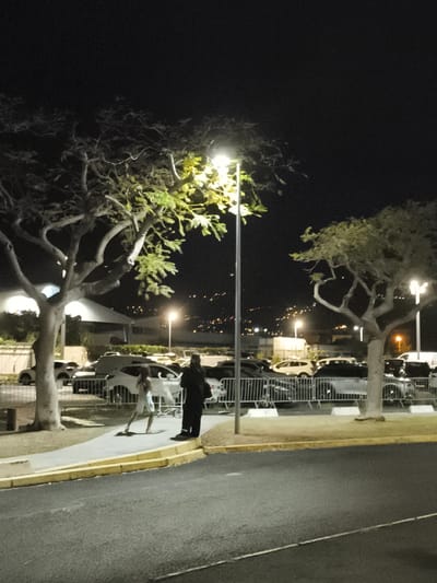 The image depicts a nighttime scene in a parking lot area, with two individuals standing on a sidewalk. A person in dark clothing stands to the right, facing away from the camera, while a second individual, wearing lighter clothing, is positioned to the left and appears to be walking or dancing. They are illuminated by streetlights. Several cars are parked behind a metal fence in the background. Trees with bare branches and some foliage frame the scene, with one tree significantly lit by a nearby streetlight. The sky is dark, and in the distance, a city skyline with numerous lights is visible, suggesting a populated area. The ground in the foreground is asphalt. The location is identified as Sainte-Marie, France.