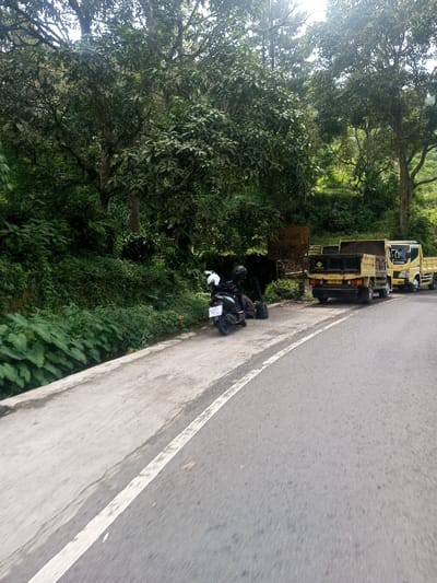This image displays a roadside scene within the city of Niz Lakuk, India. The foreground features a dark grey asphalt road, curving slightly to the left, with a solid white line marking its edge on the left. Adjacent to the road is a light-colored concrete or paved shoulder.

Parked on this shoulder, from left to right, are a black scooter/motorcycle and two yellow dump trucks. The scooter has a white helmet resting on its rear and a dark helmet on its seat; its rear license plate reads "D 4474 XAT". The two yellow dump trucks are parked further along the shoulder, with the first truck's dump bed appearing empty and slightly elevated.

Behind the shoulder, a dense, green hillside or embankment rises steeply, covered in abundant foliage, including numerous large trees and thick undergrowth. Partially obscured by the vegetation, a brown rectangular sign is visible, displaying text that includes "HATI - HATI" and "BAWAH MENGOSOR". The scene is illuminated by daylight, with no individuals present.
