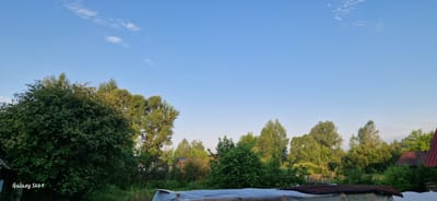 This image depicts a natural landscape with a clear blue sky and scattered white clouds. In the foreground, there is a large, leafy green tree on the left side, partially obscuring a small, dark structure. The middle ground is filled with dense green foliage, including various trees and bushes. Several houses with red roofs are visible nestled amongst the trees. A rustic wooden fence runs horizontally across the middle right of the image. In the foreground, a portion of a white tarp or sheet is spread out, with some corrugated metal sheets or roofing material visible on top. The scene appears to be a rural or semi-rural area. The watermark "Galaxy S22+" is present in the bottom left corner of the image, indicating it was taken with a Samsung Galaxy S22+ phone.