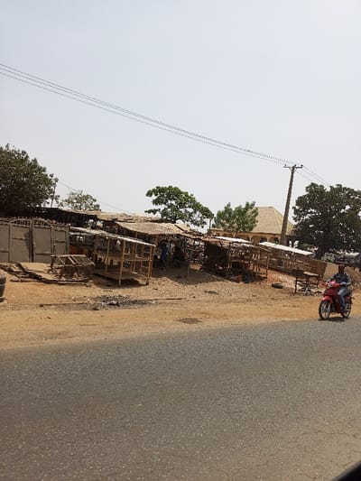 This daytime photograph captures a roadside scene in Asokoro, Nigeria, under a bright, clear sky. In the foreground, an asphalt road stretches horizontally, showing some minor cracking. To its left, a dusty, unpaved shoulder separates the road from a collection of informal structures.
The midground features numerous makeshift market stalls or shelters, constructed primarily from wooden frames and covered with various materials like corrugated metal or tarpaulins. Many of these structures are designed as multi-tiered shelves or cages, hinting at the sale of goods or small animals. Several indistinct figures can be seen moving or standing among these stalls, suggesting ongoing activity. On the far left, large, possibly metal, gates are visible next to some foliage.
In the background, a light-colored building with a distinctive reddish-brown roof stands amidst more trees, particularly prominent on the right side. A tall, wooden utility pole with several power lines extends vertically on the right, contrasting against the pale sky.
On the road, in the lower right portion of the image, a person wearing a blue shirt is riding a red motorcycle. The overall scene suggests a busy, informal commercial area alongside a road. The weather appears dry and sunny. No visible text is present in the image.
