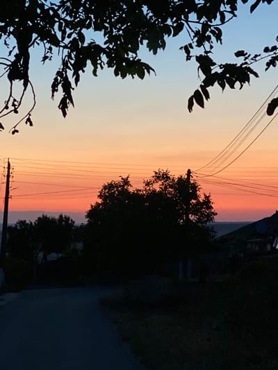 The image depicts a twilight scene in Cairaclia, Moldova, with the sky transitioning from a pale blue at the top to vibrant shades of orange and pink near the horizon. Silhouetted against the colorful sky are the branches of a deciduous tree in the foreground, its leaves a dark mass. Below the sky, a landscape is visible, characterized by dark silhouettes of trees and vegetation, and a road leading into the scene. Utility poles with power lines stretch across the mid-ground, their dark forms stark against the bright sky. In the distance, hints of buildings with dark roofs can be discerned. The overall atmosphere is serene and calm, capturing the fleeting beauty of the setting sun.