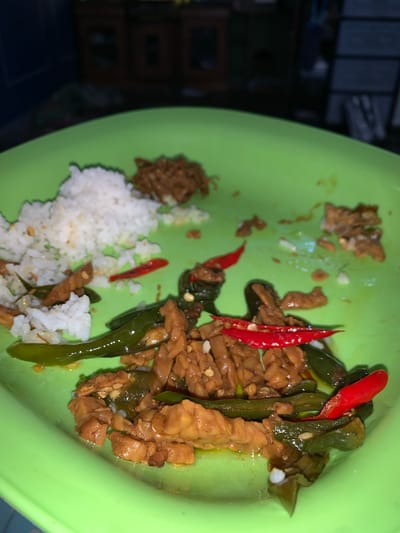 A close-up, high-angle shot shows a bright green plate of food. The plate is filled with rice, stir-fried tempeh, green chilies, and slices of red chili. The food appears to be in a home kitchen in Karangkemiri, Indonesia. The lighting is dim, suggesting it is nighttime. The background is blurred, but hints at cabinets and shelves.