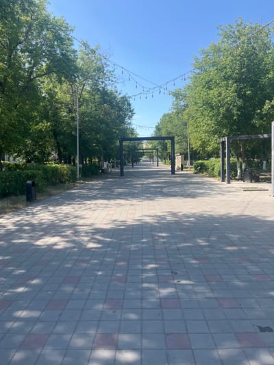 The image depicts an outdoor scene in Temirtau, Kazakhstan. A wide, paved walkway, constructed of grey and red square tiles, stretches into the distance. The walkway is lined on both sides by lush green trees and manicured hedges. Overhead, strings of colorful lights are strung between poles, adding a decorative element to the scene. Arch-shaped metal structures, likely pergolas or decorative gateways, are spaced at intervals along the walkway. In the foreground, shadows from the trees create a dappled pattern on the pavement. There are no people visible in the image. The sky is clear and blue, indicating a sunny day.