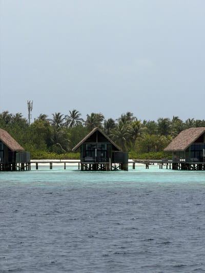 The image depicts a tropical scene likely taken in Guraidhoo, Maldives, featuring overwater bungalows extending from a lush, green island into a light blue ocean. The bungalows have thatched roofs and are supported by wooden stilts above the water. The ocean water transitions from light blue near the structures to darker blue in the deeper areas. A cell phone tower is visible on the left side of the frame, among the palm trees and vegetation. The sky is overcast with a grey, flat lighting.