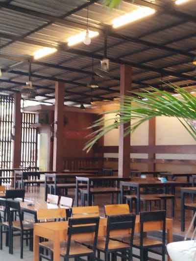 The image depicts an indoor seating area, likely a restaurant or cafe, with a corrugated metal roof supported by dark metal beams and brown wooden pillars. The space is furnished with numerous tables and chairs. Most tables appear to be dark wood with black metal legs, while the chairs have wooden seats and backs with black metal frames. Some chairs are a lighter wood color.
The seating arrangement is organized into rows, suggesting a commercial establishment. The walls are paneled with brown wood, and there are vertical slatted wooden dividers or windows on the left side of the image, allowing some natural light to filter in.
Several ceiling fans are visible, and fluorescent lights are mounted on the roof structure, providing illumination. A large, lush green palm frond is prominently positioned in the foreground, partially obscuring the view of the tables and chairs behind it. The overall atmosphere appears to be casual and open-air, despite being under a roof.
The image does not contain any people or specific actions. The setting is a general view of an unoccupied dining area. The location is described as Payameuneng, Indonesia.