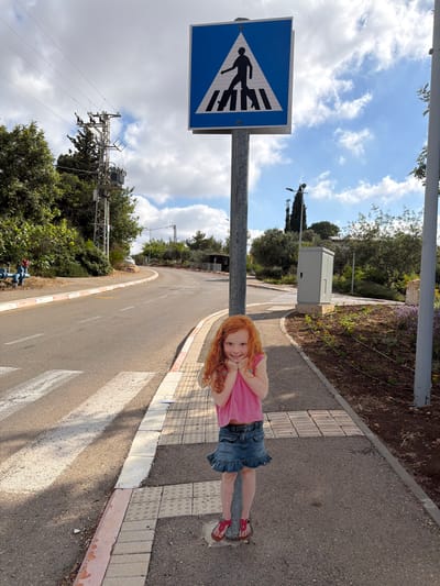 A young girl with bright red hair and freckles is posing for a picture on a sidewalk next to a pedestrian crossing. She is wearing a pink t-shirt and a blue denim skirt, and her hands are resting on her cheeks. The girl appears to be smiling and enjoying herself. The pedestrian crossing is marked with white stripes on the asphalt road. Next to the crossing, there is a blue and white sign depicting a pedestrian. In the background, there are trees, a utility box, and power lines. The sky is blue with scattered white clouds, suggesting a pleasant day. The scene appears to be outdoors in a suburban or rural area, possibly in Israel given the location context of Misgav Regional Council. The time of day seems to be daytime, likely late morning or afternoon, due to the shadows and the brightness of the sky. The overall mood of the image is cheerful and lighthearted. There is no visible text in the image other than the symbols on the pedestrian sign.