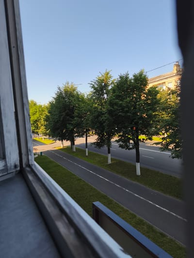 The image is an outdoor, high-angle shot looking from a window or balcony. In the foreground, a portion of a weathered, light-colored wooden window frame is visible on the left, and a dark, blurred vertical edge frames the right side of the image.
The midground shows a paved road running diagonally from the lower left to the upper right. The road has white lane markings. To the left of the road is a strip of green grass. To the right of the road is another strip of green grass, and beyond that, a row of several mature deciduous trees with full, green canopies. The trees are spaced evenly along the roadside, and the lower portions of their trunks are painted white.
In the background, there is a multi-story building constructed of light-colored bricks, with a pitched roof and chimneys. The sky above is clear and pale blue, suggesting it is either early morning or late afternoon. The overall impression is a suburban or urban street scene in daylight. This scene is consistent with the environment of Rahachow, Belarus, which features tree-lined streets and residential buildings.