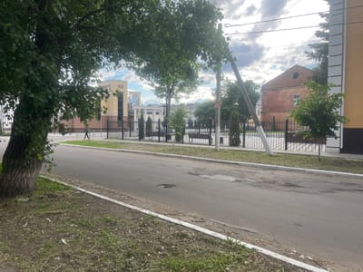 This image shows a street in Bobrov, Russia. The street is paved and has some cracks and potholes. There is a sidewalk on the left side of the street and a grassy area between the sidewalk and the road. A tree trunk is visible on the left, partially obscuring the view of the street. Across the street there is a black metal fence that runs along the edge of a park or garden area. Behind the fence there are several trees, benches and shrubs. In the background, buildings can be seen, including a light yellow building and a brown brick building. There is a person walking on the sidewalk in the distance. Power lines and a utility pole are visible in the upper right part of the image. The sky is cloudy.