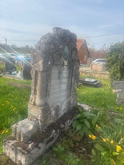 The image depicts a weathered stone monument in Hrvatska Dubica, Croatia. The monument features an inscription panel and a circular medallion, covered in moss and lichen. The surrounding area is grassy with scattered yellow flowers. In the background, there is a building with a brick facade and a white vehicle parked nearby. Further in the distance, cars are visible along a street. The sky is pale blue with some scattered clouds.