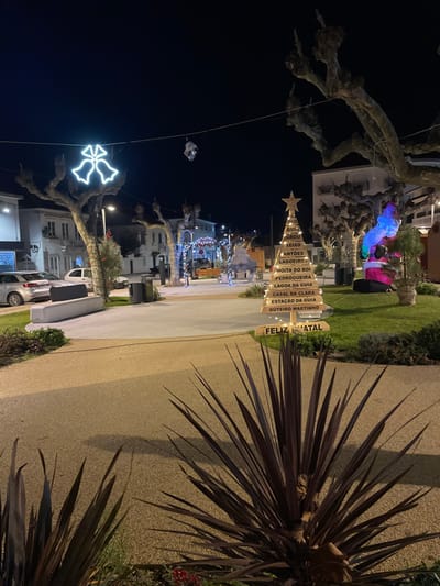 A nighttime street scene showcases Christmas decorations. A wooden Christmas tree with a star on top is decorated with lights and signs pointing to various locations: "Antões," "Lagoeiros," "Moita do Boi," and others, ending with "Feliz Natal." Further down the street, trees are adorned with decorative lights. The scene is framed by a tree on the left and spiky foliage on the right. Cars parked on the side of the road add to the urban ambiance.