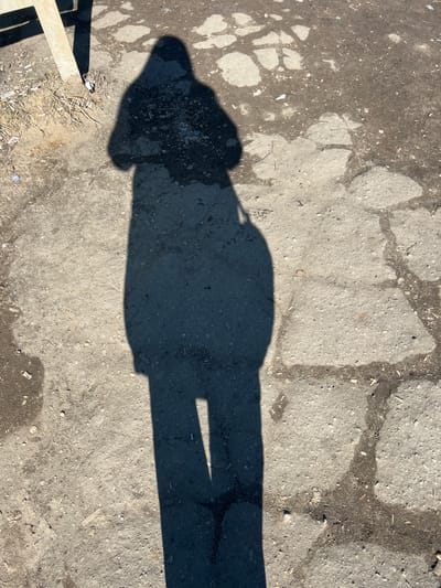 A prominent, elongated shadow of a standing human figure, consistent with the perspective of the camera operator, extends across the central and lower portions of the frame. The scene depicts an outdoor ground surface in Большевик, Russia, composed of weathered, light grey concrete pavement fragmented by irregular dark patches of soil and detritus. The ground is littered with assorted debris, including cigarette butts, small pieces of white paper, dry plant material, and various unidentifiable fragments. In the upper-left quadrant, a vertical, light-colored metallic beam is partially visible, its base surrounded by accumulated dirt and additional refuse, including a small blue cap-like object. Strong, direct sunlight from an off-frame source illuminates the environment, casting sharp shadows.