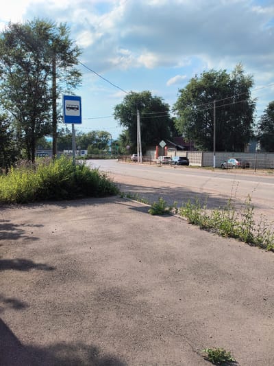 A street scene in Pokhvistnevo, Russia, under a partly cloudy sky, suggests a warm, sunny day. In the foreground, a paved area transitions into a roadside with sparse greenery. A prominent bus stop sign, featuring a blue background and a white bus silhouette, stands on a pole to the left, indicating a public transport waiting area. Adjacent to the sign, a lush green bush adds a touch of natural vibrancy.

The road itself is visible, with cars parked along the side. Among them are a dark-colored sedan and a grey SUV. Further down the road, a fence runs along the property line, separating the street from buildings. A street sign with Cyrillic text is visible near the bush, reading "ДОМ," which translates to "HOUSE." The overall atmosphere is that of a typical residential or semi-rural area during the daytime. The presence of trees suggests a temperate climate. There are no people visible in the image, implying a quiet moment in the day.