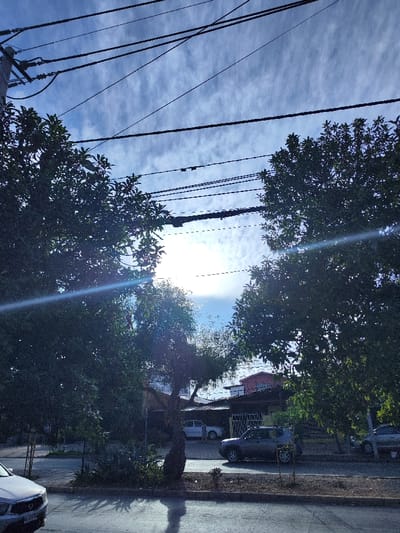 A daytime street view features trees framing the sky, partially obscuring the sun. Power lines stretch across the sky. Vehicles are parked along the side of the street in front of residential houses. The sky is blue with wispy clouds. The sun is bright and creates a glare.