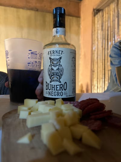 A clear glass bottle of "FERNET BUHERO NEGRO" (39% Alc/Vol, 700ml) with a black screw-top cap is centrally positioned, displaying an owl-themed label. To its left, a translucent plastic cup adorned with blue entertainment-themed graphics (film reel, microphone) is held by a hand, containing a dark liquid approximately halfway full. In the foreground, on a light-colored wooden cutting board, are numerous irregular cubes of pale yellow cheese and a cluster of overlapping circular slices of dark red cured sausage. The background is blurred, revealing warm, light brown wall surfaces, a vertical element resembling a window with bars, and a partial view of a person wearing a blue denim garment on the right. The scene depicts a casual indoor setting, consistent with a social gathering in the city of Villa San Andrés, Argentina.