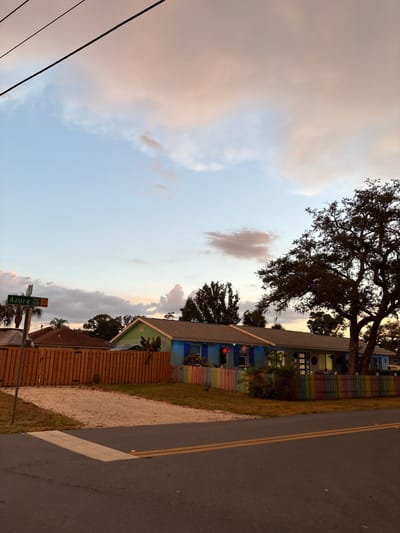 The image captures a residential street scene in South Venice, Florida, during twilight. The sky displays a gradient of pale blue and soft pink clouds, illuminated by the setting sun. Overhead, dark power lines stretch across the frame. A street sign indicates "Azure Rd 700" with "TEA END" and a directional arrow. In the foreground, asphalt pavement with double yellow lines forms a road, with a concrete crosswalk visible.
To the right of the road, a property is bordered by a wooden fence. Beyond the fence, a low-slung house features a vibrant, multicolored fence in front, adorned with various colors such as red, orange, yellow, green, blue, and purple. The house itself is painted in a cool tone, possibly blue, with blue shutters and a red traffic light signal prominently displayed on the left side of the property. A large, mature tree with dense foliage stands to the right of the house, casting a silhouette against the sky. In the background, other houses with brown roofs and wooden fences are visible, along with palm trees. The overall impression is that of a suburban neighborhood at dusk.