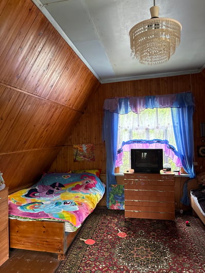 The image depicts an attic bedroom in a residential setting, likely a house in Zheleznodorozhnyi, Russia. The room is characterized by sloping wooden paneled walls and ceiling, with a large window covered by layered blue and pink sheer curtains. A chandelier hangs from the ceiling.
In the center of the room, there is a wooden bed covered with a brightly colored duvet featuring My Little Pony characters. Next to the bed is a wooden dresser with a television set on top. The floor is covered by a large, ornate Persian-style rug. A small red ping pong paddle lies on the rug near the bed. A painting of an autumn forest scene hangs on the wall above the bed. Another bed is partially visible on the right side of the image, with dark bedding. There are various small objects scattered around the room, including what appears to be a small ball on the rug near the second bed. The overall impression is of a child's or young person's bedroom, possibly in a rustic or older dwelling.