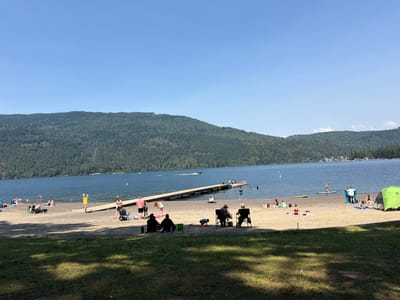 The image depicts a sunny day at a beach on Cultus Lake in Area H (Cultus Lake/Columbia Valley), Canada. A wide expanse of calm blue water stretches towards a tree-covered hillside that forms the horizon. A wooden pier extends into the lake, with several people walking on it and swimming or wading in the water nearby. The beach is sandy and populated with various individuals and groups.

In the foreground, a grassy area with dappled sunlight creates a shady border. On the sand, people are sunbathing, sitting in beach chairs, and socializing. A few beach umbrellas and a green tent are visible. There are children playing on the sand, one of whom is near a small orange toy. A stroller is parked near a group of adults. Further out on the lake, a small boat is visible, and a person is standing on a paddleboard. The overall atmosphere is one of leisure and recreation on a warm summer day.