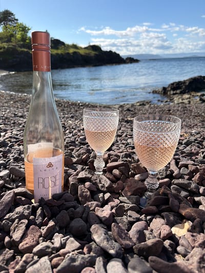 The scene depicts a clear glass bottle of rosé wine and two faceted wine glasses, partially filled with rosé, resting on a field of dark, reddish-brown and grey stones on a shoreline. The wine bottle has a copper-colored screw cap and a label prominently displaying "LEITZ" and "ROSÉ", with "PINOT NOIR" visible below. The two diamond-patterned glasses are positioned to the right of the bottle. In the background, calm blue water extends to a distant, hazy landmass under a bright blue sky with scattered white cumulus clouds. Rocky outcrops with sparse green vegetation line the immediate opposite shore. The environment is outdoors, sunny, and appears to be a natural coastal setting. There are no people present. The location is Nykirke, Norway.