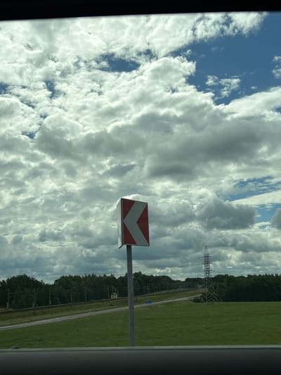 The image depicts a roadside scene under a cloudy sky. In the foreground, a grey pole supports a traffic sign indicating a sharp left turn, with alternating red and white chevron patterns. To the left of the sign, a railway track runs parallel to a road. A dense line of green trees forms the horizon, with a tall electricity pylon visible in the distance on the right. The terrain is a grassy field, suggesting an outdoor, possibly rural, setting. The overall lighting suggests it is daytime. The scene appears to be in the vicinity of Малевіцкі сельскі Савет, Belarus, given the prompt's context.