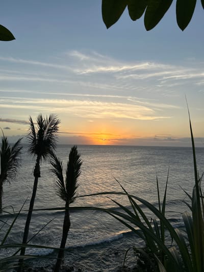 The image depicts a tropical coastal scene, likely taken during sunrise or sunset. The sky exhibits a gradient of light blue to orange hues, with wispy clouds stretching across the upper portion of the frame. The sun is partially obscured by the horizon, casting a bright glow. Below the horizon is the ocean, reflecting sunlight. The foreground features the silhouette of palm trees and dense foliage, framing the scene. The location is Senggigi, Indonesia.