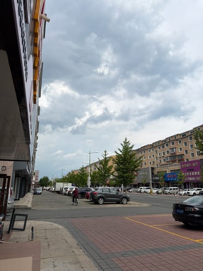 The image depicts a street scene in Hunchun, China. On the left side of the frame, a building with a prominent sign is visible, featuring yellow and red lettering against a dark background. The sign appears to be the facade of a shop or business. To the right of this building, a street stretches into the distance, lined with parked cars and trees. Further down the street, residential buildings with multiple stories are visible, their facades adorned with numerous windows. The sky is overcast with a significant amount of clouds.

In the foreground, a sidewalk made of cobblestone and concrete is present. A person on a bicycle is riding down the street in the middle ground, dressed in a dark shirt and pants. Several cars are parked along the side of the street, including a dark sedan in the immediate right foreground with a license plate reading "A 7A629". A white truck is also visible parked on the street. Green streetlights are spaced along the road. The overall impression is a typical urban street in a commercial and residential area.
