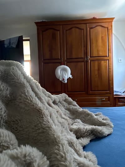 The image depicts an interior scene, likely a bedroom. In the foreground, a plush, light-colored blanket is draped over a blue surface, possibly a bed. The blanket's texture is a prominent feature, with its long fibers creating a soft, fuzzy appearance.

Behind the blanket, a large, wooden wardrobe with three doors dominates the mid-ground. The wardrobe appears to be made of dark wood and has decorative detailing on its doors. Hanging from the left door of the wardrobe is a small, white stuffed animal, possibly a rabbit, with red accents.

To the left of the wardrobe, a portion of another piece of furniture, possibly a dresser or another wardrobe, is visible. Clothing, a light blue garment, is hanging from it. A window with natural light streaming through is visible behind this furniture.

To the right of the wardrobe, a portion of a bedside table with drawers is visible, with a light blue item on top. The wall behind the wardrobe is painted white and has a light switch or electrical outlet.

The overall lighting suggests it is daytime, with natural light coming from the window. The image does not contain any specific elements that would definitively place it in the city of Kovachite, Bulgaria.