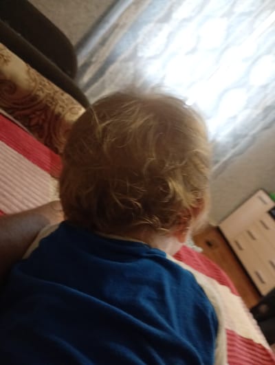 The image shows a close-up, from behind, of a young child with light brown, curly hair. The child is wearing a blue shirt. The child appears to be lying down on a surface that is covered with red and white striped fabric. To the right of the child, a wooden surface is visible with some objects that resemble small books or cards arranged on it. The background is out of focus but appears to be a curtain or window with soft lighting. The scene is indoors, possibly a living room or bedroom. There are no specific indicators of the child's location within Verkhniachka, Ukraine.