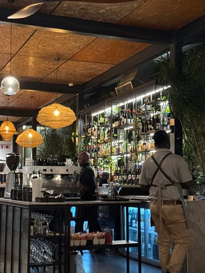 The image depicts the interior of a bar or restaurant in Paarl, South Africa. Two individuals are present. One person, dressed in a white shirt and khaki pants, stands behind the bar, appearing to be a staff member. Another person is partially visible further along the bar. The bar itself is well-stocked with an extensive collection of wine bottles displayed on shelves. Hanging light fixtures with woven shades are suspended from the ceiling. Through the window behind the bar, a view of the city is visible.