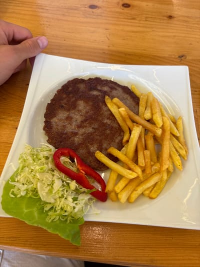 The image shows a white, square plate held by a hand with a visible fingernail. The plate contains a grilled patty, a pile of french fries, shredded cabbage, sliced red pepper, and a lettuce leaf. The plate sits on a wooden surface, possibly a table. The scene is likely in Velika Plana Municipality, Serbia, based on the prompt.