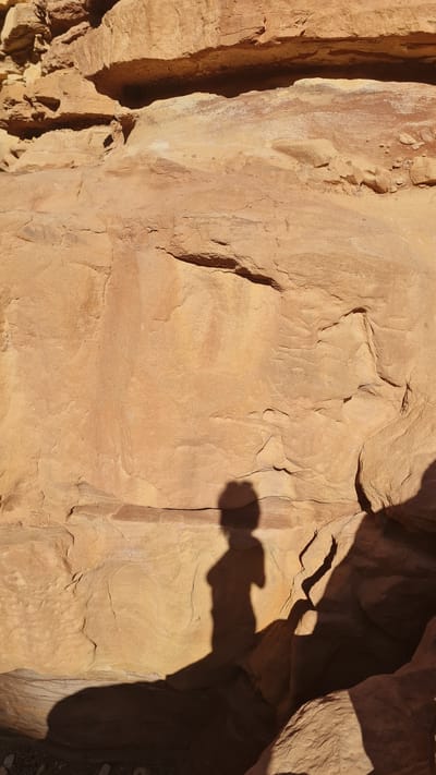 The image shows a close-up of a rock formation, likely sandstone, with varying textures and shades of reddish-brown. The rock surface has crevices and undulations, creating shadows that emphasize its uneven nature. A shadow is also cast onto the rock face from an object outside the frame, indicating a light source from above. The image was taken in the Hevel Eilot Regional Council, Israel.