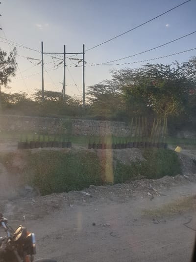 A vertical image displays a landscape scene. High-voltage power lines dominate the left side of the frame against a blue sky. A stone wall is visible in the midground, lined with trees and green vegetation. A dirt road is on the right side of the frame. Part of a vehicle, possibly a motorcycle, is in the lower right corner. The overall lighting suggests either early morning or late afternoon.