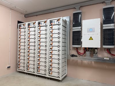 This image depicts a room filled with energy storage equipment, likely in a technical facility in Makariv, Ukraine. The primary subjects are several racks of battery modules, stacked vertically and connected by orange and black cables. To the right, a central white inverter unit with a screen displays icons and text, flanked by two gray electrical cabinets. A yellow hazard symbol with a lightning bolt is prominently displayed on the inverter.
The setting appears to be an indoor, controlled environment with beige walls and a concrete floor. White conduit pipes run along the ceiling and down one wall, suggesting organized electrical installation. The overall impression is one of a modern, operational energy storage system. No people are visible in the image, and the scene is brightly lit, indicating it was captured during operational hours, likely indoors.
Visible text includes brand names like "Deye" on the battery modules and the inverter, as well as "ETI" on the electrical cabinets. The text on the inverter screen is partially legible, showing interface elements. The hazard symbol is also a significant visual element conveying information about electrical safety. The clean and organized presentation of the equipment suggests a focus on efficiency and reliability in energy management.