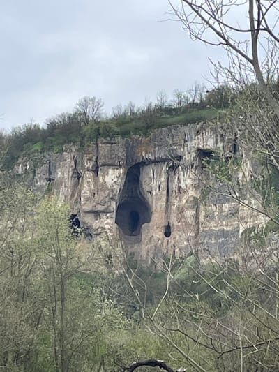 The image depicts a limestone cliff face with several cave openings, partially obscured by trees and vegetation. The sky is overcast. The location is likely in or near Barkach, Bulgaria, given the prompt. There are no people visible. The cliff shows signs of erosion and stratification. A prominent cave opening resembles a heart shape.
