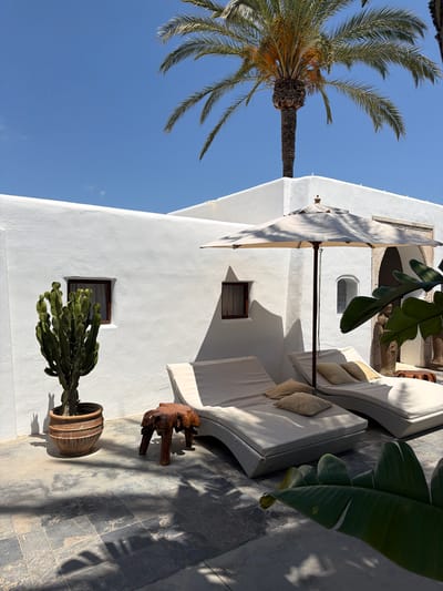 A bright, sun-drenched outdoor scene features a stark white building with architectural details, possibly in a Mediterranean or Spanish architectural style, judging by the location context of Sant Joan de Labritja, Spain. A tall palm tree with prominent fronds is visible on the left, reaching towards a clear, vibrant blue sky. In the foreground, a tiled patio area is shown.
On the patio, two white cushioned lounge chairs are arranged, suggesting a relaxation area. A beige outdoor umbrella is positioned between them, casting dappled shadows. Nearby, a unique, rustic wooden stool with an organic, root-like design sits on the tiles. Further to the right, a large potted cactus with prominent ribbed stems stands next to a terracotta-colored pot. Large, lush green leaves, possibly from a banana plant, hang into the frame from the top right, adding a tropical feel.
The lighting indicates it is daytime, likely late morning or afternoon, given the strong shadows cast by the umbrella and foliage. The overall impression is one of a serene and tranquil outdoor space, perfect for leisure and enjoying warm weather. No people are visible in the image, and no text is present.